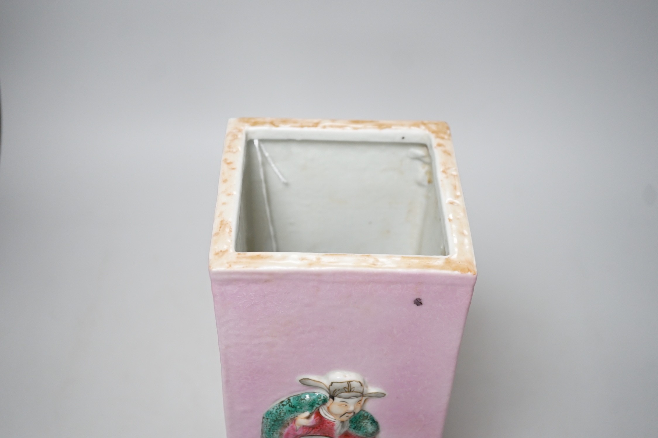 A Chinese pink ground famille rose square vase, 30cm